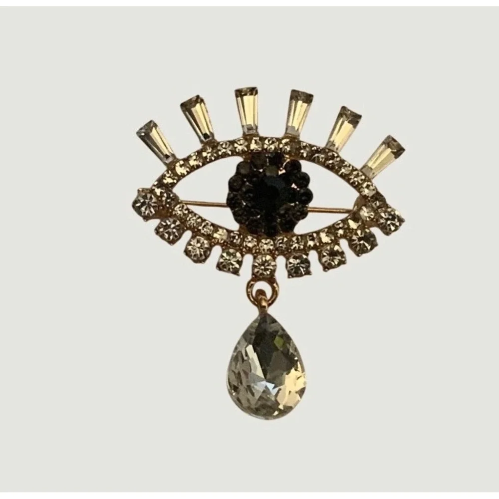 Gold Tone Evil Eye Rhinestone Brooch Pin Crystal Teardrop Charm Baguette Eyelash